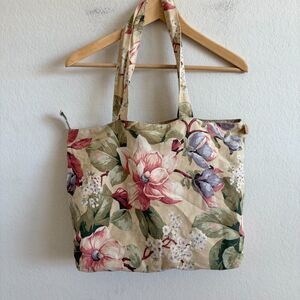 AMERICAN VINTAGE 90s Tapestry Canvas Floral Beige Tote Handbag Cottage Indie